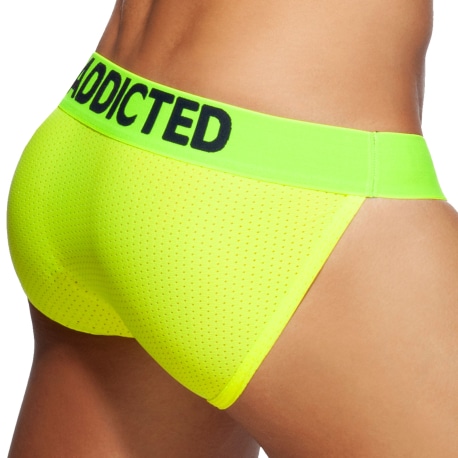 Addicted Cockring Neon Mesh Tanga Briefs - Neon Yellow