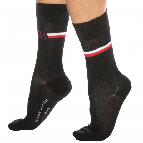 Tommy Hilfiger Lot de 2 Paires de Chaussettes Rayure Iconique Noires