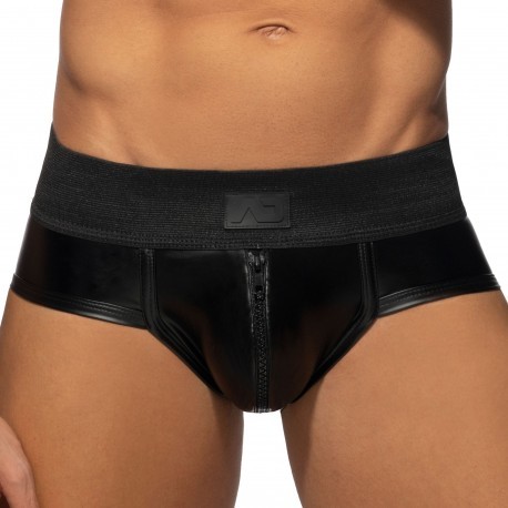 Men's Black Leather Open Front Jockstrap Brief Adjustable Waist Front Ziper