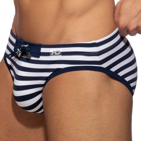 Navy Striped Pouch Pad Swimwear Men Swimming Suit Mens Swim Briefs Sexy Man  Swimsuit Sport Trunks Male Beach Bathing Shorts Wear Color: With Pad, Size:  M waist 66-74cm