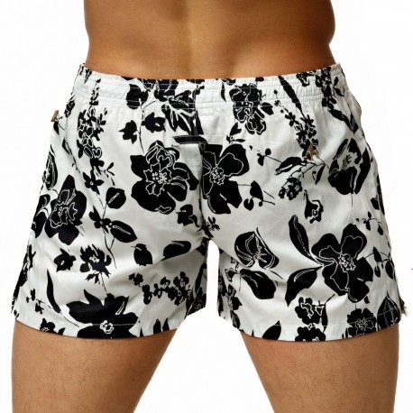 Floral Cotton Mid-Length Boxer Shorts - Black