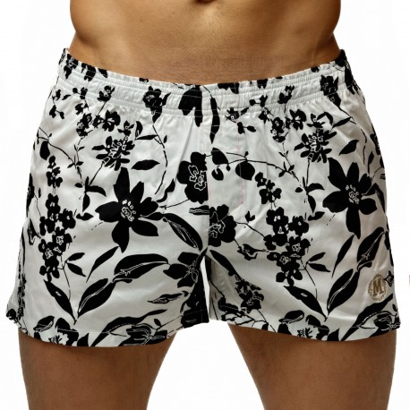 Floral Cotton Mid-Length Boxer Shorts - Black