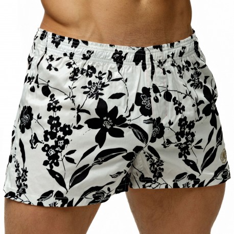 Floral Cotton Mid-Length Boxer Shorts - Black