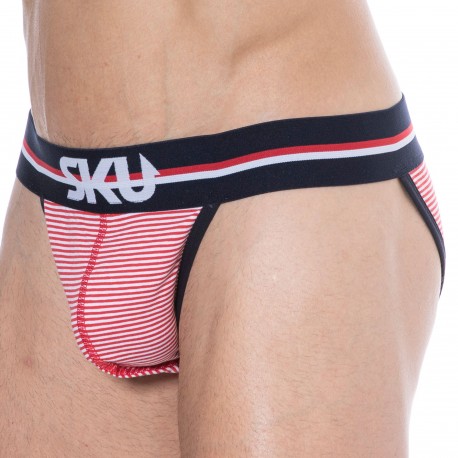 SKU Striped Cotton Tanga Briefs - Red - White