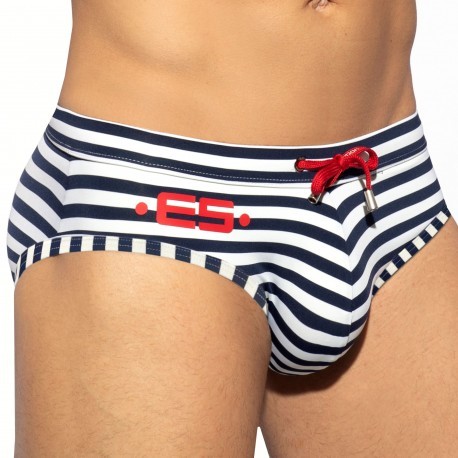 Navy Striped Pouch Pad Swimwear Men Swimming Suit Mens Swim Briefs Sexy Man  Swimsuit Sport Trunks Male Beach Bathing Shorts Wear Color: With Pad, Size:  M waist 66-74cm