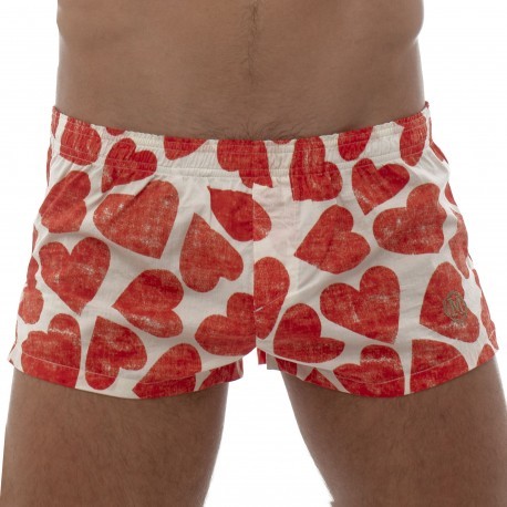 Heart Cotton Boxer Shorts - White - Red