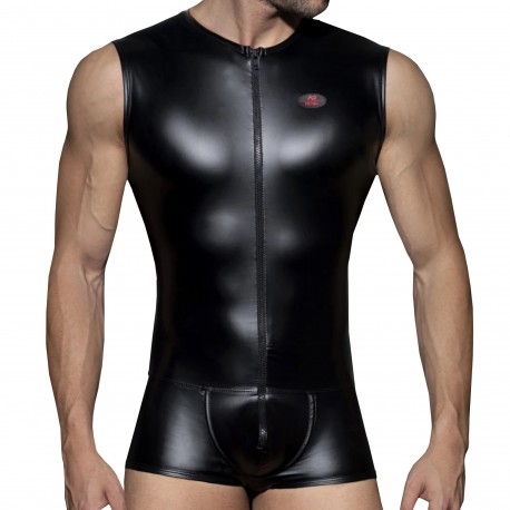 AD Fetish Cockring Front Zip Rub Trunk Bodysuit - Black