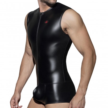 AD Fetish Cockring Front Zip Rub Trunk Bodysuit - Black