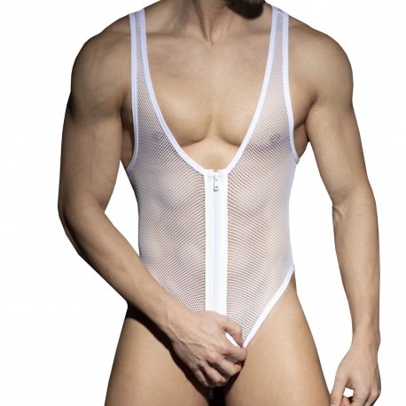 AD Fetish Zip Mesh Thong Bodysuit - White