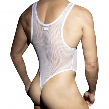 AD Fetish Zip Mesh Thong Bodysuit - White