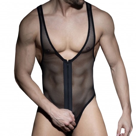 AD Fetish Zip Mesh Thong Bodysuit - Black