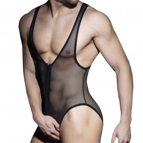 AD Fetish Zip Mesh Bodysuit - Black