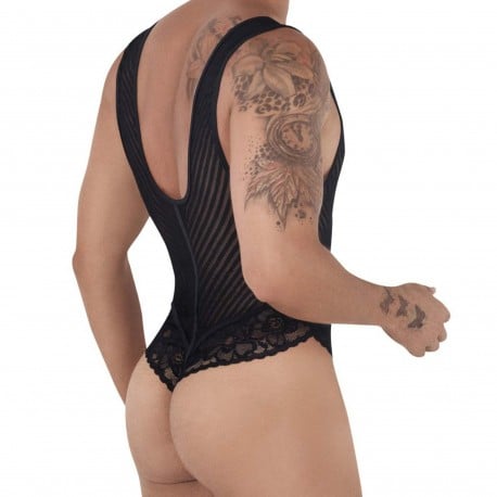 CandyMan Lace Mesh Thong Bodysuit - Black