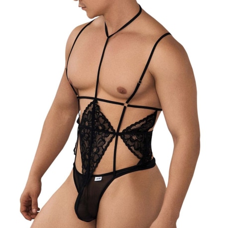 CandyMan Lace Harness Thong Bodysuit - Black