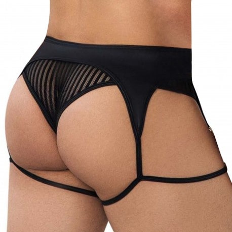 CandyMan Striped Garter Thong - Black