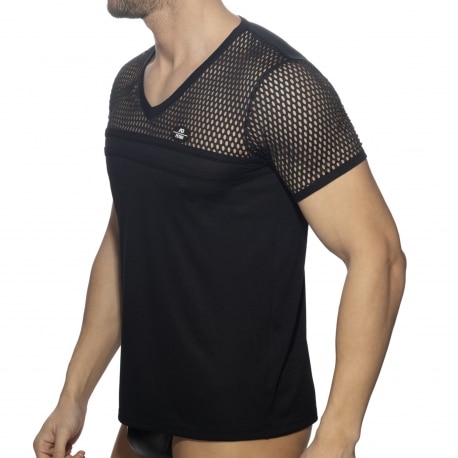 AD Fetish Mesh-Striped T-Shirt - Black