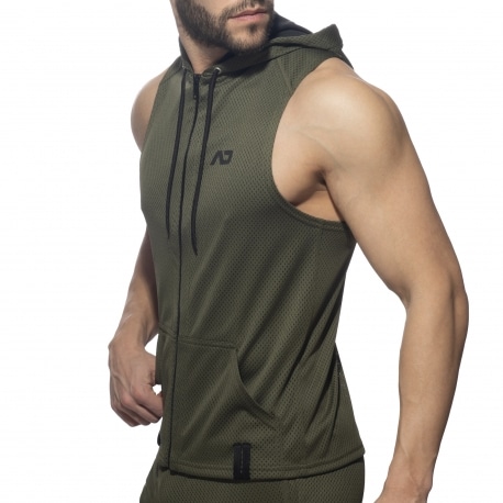 Addicted Sleeveless Loop Mesh Hoodie - Khaki