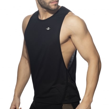 AD Fetish Mesh-Striped Low Rider Tank Top - Black