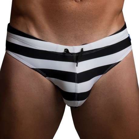 Rounderbum H2O Padded + Package Swim Briefs - Black & White Stripe