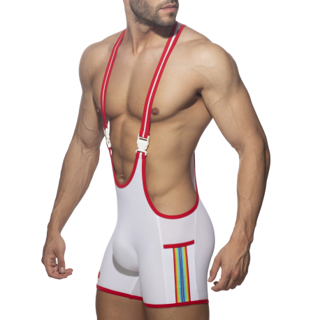 Addicted Rainbow Tape Wrestling Singlet - White