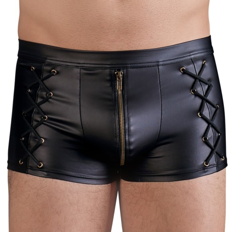 Leatherette Zipped Laced Trunks - Black