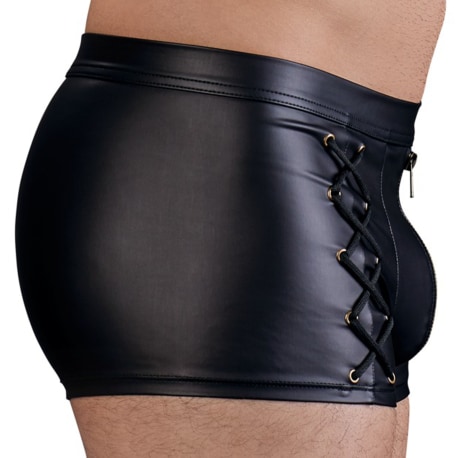 Leatherette Zipped Laced Trunks - Black