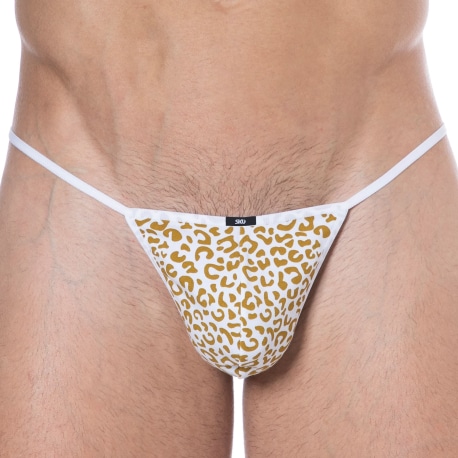 SKU Leopard Cotton Mini G-String - White - Gold