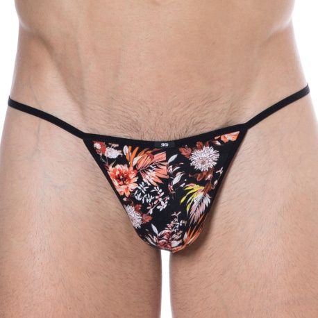 SKU Floral Cotton Mini G-String - Black - Orange