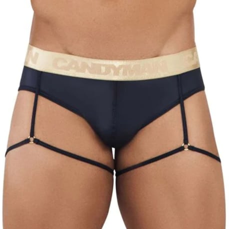 CandyMan Garter Mesh Briefs - Black - Gold