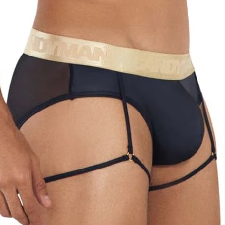 CandyMan Garter Mesh Briefs - Black - Gold