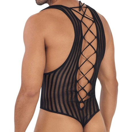 CandyMan Work-N-Play Laced Thong Bodysuit - Black