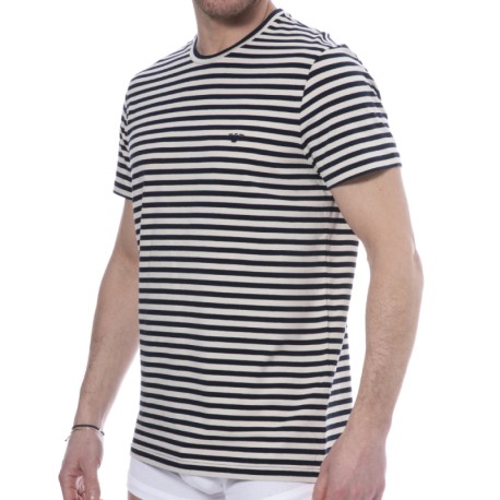 Emporio Armani T-Shirt Yarn Dyed Stripes Coton Bleu Marine - Beige