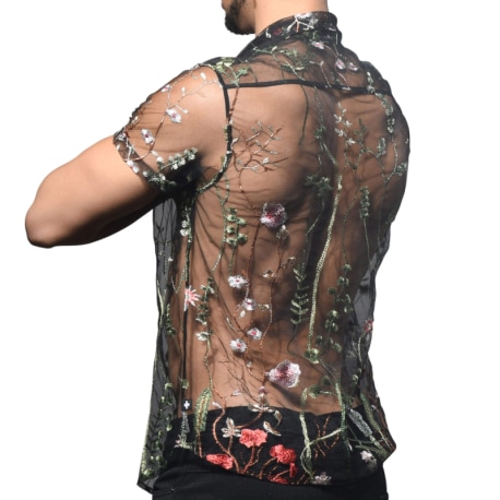 Andrew Christian Sheer Embroidered Lace Shirt - Black