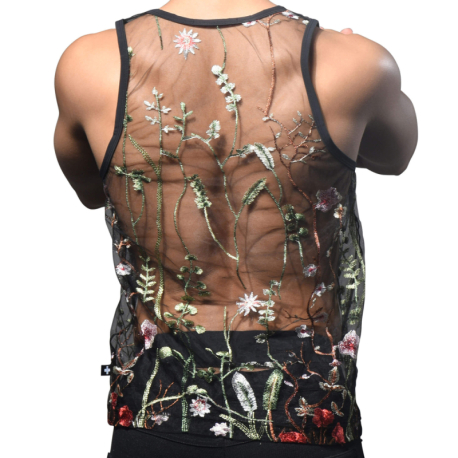 Andrew Christian Sheer Embroidered Lace Tank Top - Black