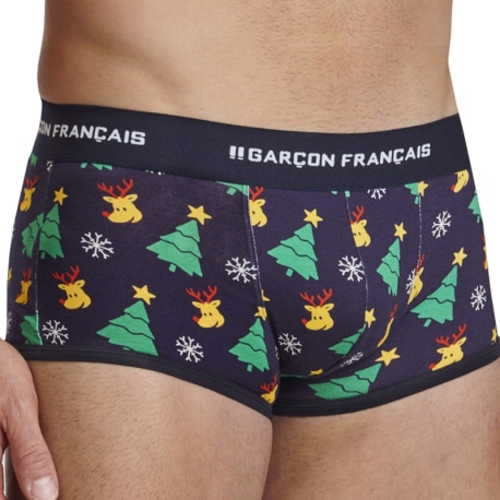 Garçon Français Boxer Court Noël Kitsch Bleu Marine