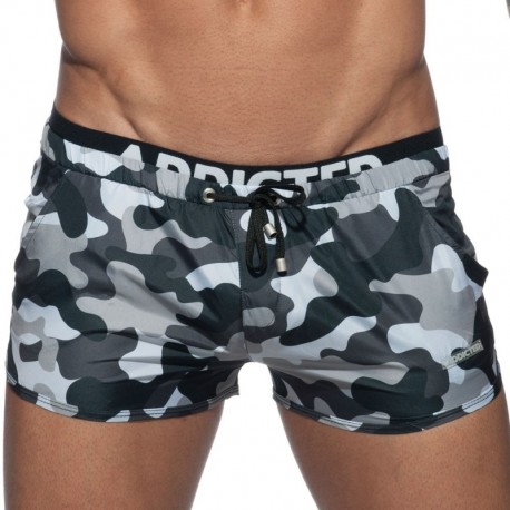 Addicted Double Waistband Swim Short - Grey Camouflage